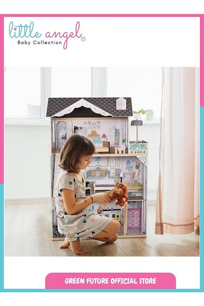LITTLE ANGEL Kids Wooden Dollhouse Playset W/ Furniture & Accessories