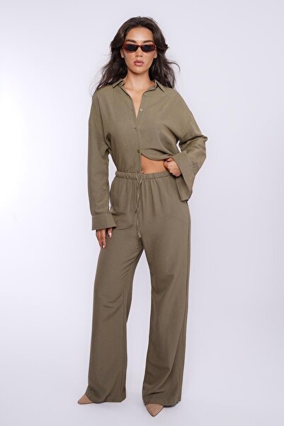 Madmext Khaki Linen Women's Shirt Trousers Double Suit Mg2356