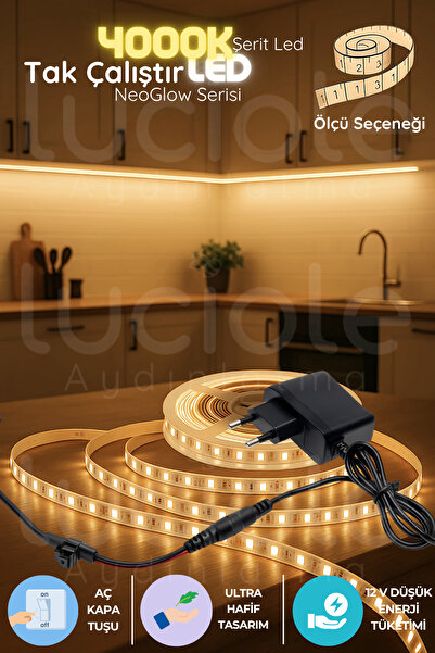 luciole 3 Metre NeoGlow LED Işık Şeridi – 4000K Doğal Beyaz 60 Çipli 12V Tak Çalıştır Prizli LED Bandı
