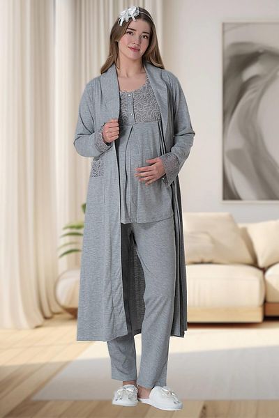 Pelin Women's Gray Lace Detailed Maternity 3-Piece Pajama Set