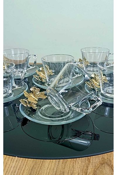 Elta Collection Pashabahçe Silver Vela Cup Set 12 Pieces for 6 People with Butterfly Gift Dowry