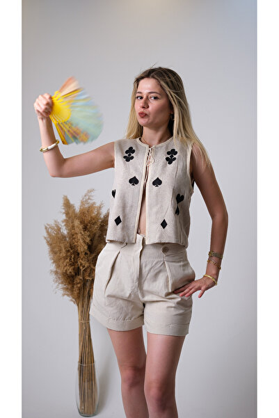 KEYMOOD İskambil Desenli Taş Rengi Keten Yelek