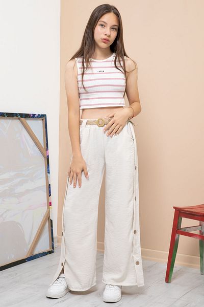 Cansın Mini Cream Button Detailed Wide Leg Girl's Belted Trousers 21150