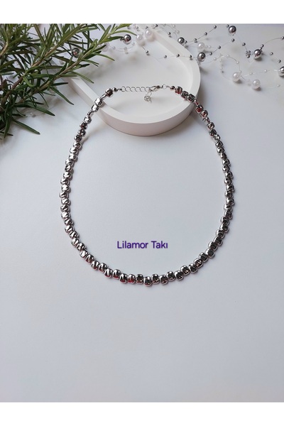 Lilamor Gümüş Renk Ezme Boncuk Kolye