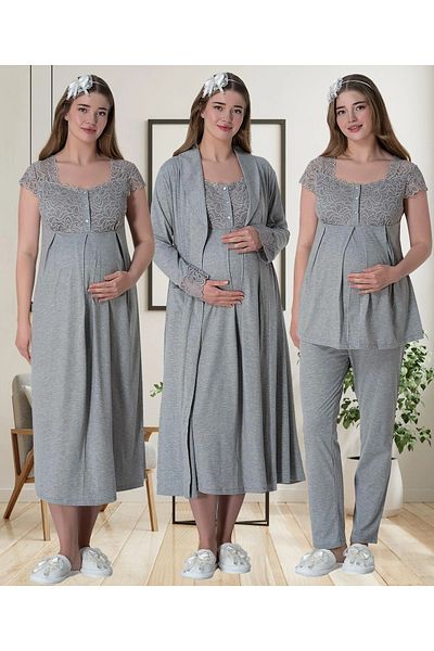 LOHOUSE Women's Gray Lace Design Maternity Nightgown-Dressing Gown and Pajamas Set of 4