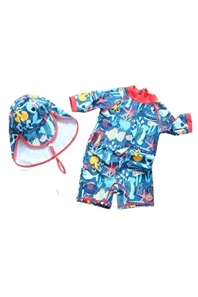 Petityu Set pălărie de baie cu protecție solară UPF50+ Blue Red Piping Sea Cr...