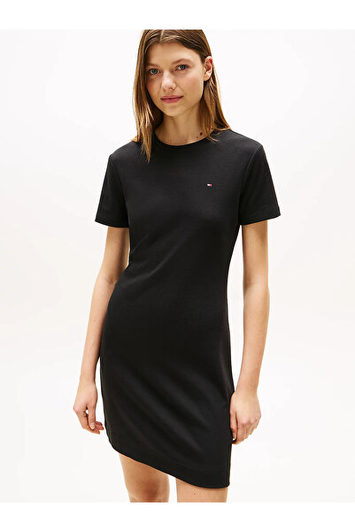 Tommy Hilfiger Kadın %100 Pamuk Dokuma Kumaş Marka Logolu Siyah Elbise WW0WW42721-BDS