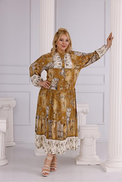 Siyezen Plus Size Button Detailed Flared Dress with Elastic Sleeves