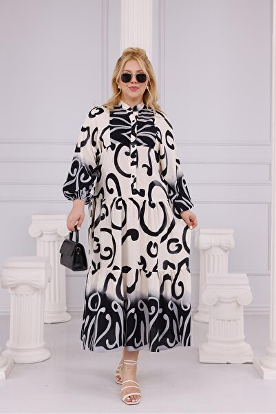 Siyezen Plus Size Button Detailed Flared Dress with Elastic Sleeves