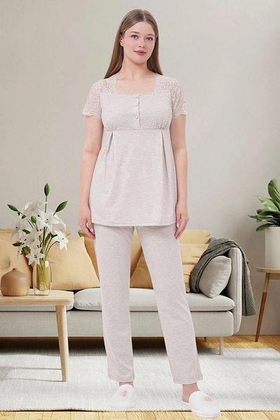 Mecit Pijama Maternity Maternity Guipure Detailed Short Sleeve Pajama Set Pajamas 75% Cotton 25% Viscose