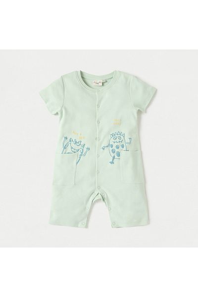 Juniors Monster Print Romper With Short Sleeves And Button Closure