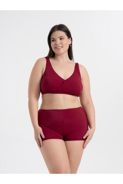 AQUAVİVA Women's Burgundy Plus Size Quinn Double Breasted Detailed Gathering Shorts Bikini Set