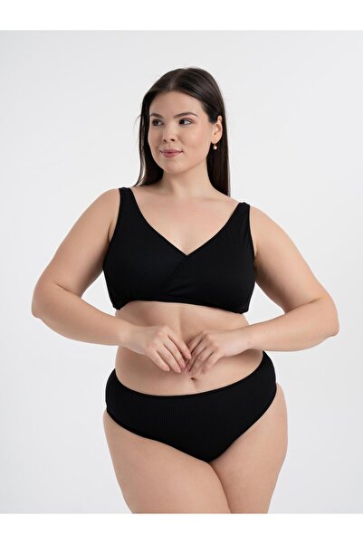 AQUAVİVA Women's Black Ribbed Plus Size Quinn Double Breasted Detailed Gathering Bikini Set