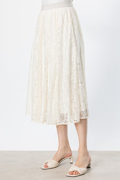 Ekol Lined Stoned Lace Skirt Ecru