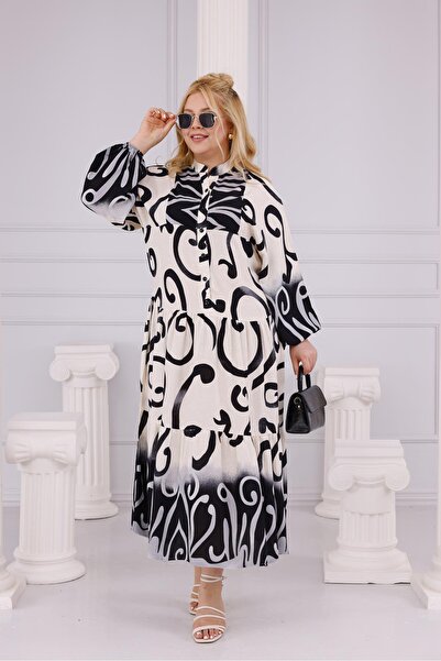 Siyezen Plus Size Button Detailed Flared Dress with Elastic Sleeves