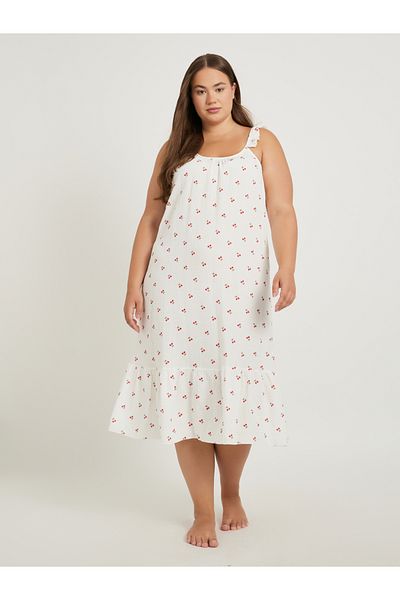 Styli Plus Size Cherry Print Cotton Gauze Ruffle Trim Slip Dress