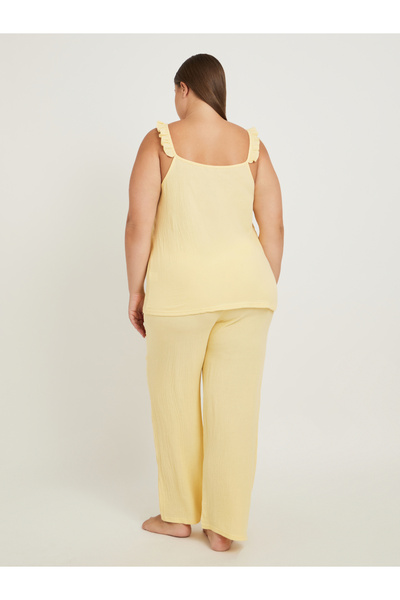 Styli Plus Size Cotton Gauze Ruffle Trim Cami and Pyjama Set