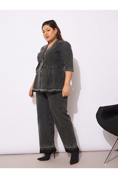 Sassafras By Styli Plus Size Plain Denim Metal Button Peplum Top and Jeans Co-Ords