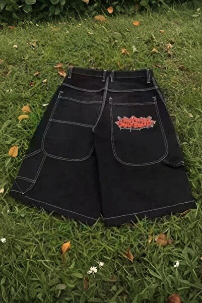 BALİNA Siyah Vintage Grafiti Detaylı Mektup Nakış Baggy Şort -BLN