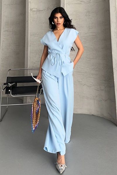 AKD Atelier Set de damă cu două piese de jos, cu șireturi, cu tăietură largi, drapată, de vară, cu mâneci scurte, kimono, pantaloni palazzo