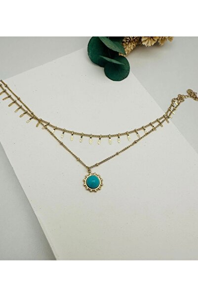 Çelik Mavi Taş Detaylı Çelik Halhal (Gold)