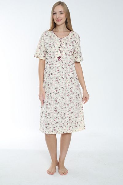 MİSS LOLİTA Women's Plus Size Floral Pattern 100% Cotton Short Sleeve Nightgown 529