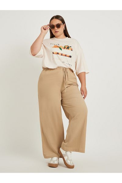 Styli Plus Size Solid Wide Leg Pants with Drawstring Waist