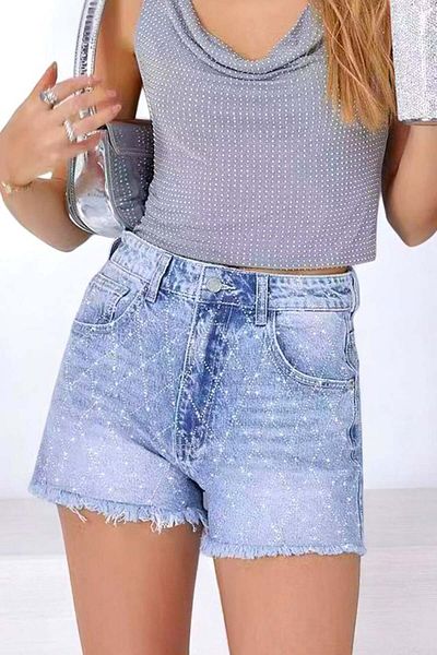 FashionForYou Pantaloni scurți din denim OXAKA, cristale geometrice și franjuri, albastru zăpadă, L