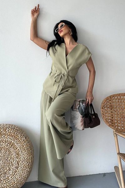 AKD Atelier Women's Double Bottom Top Suit Lace-Up Loose Cut Flowy Summer Short Sleeve Kimono Jacket Palazzo Pants