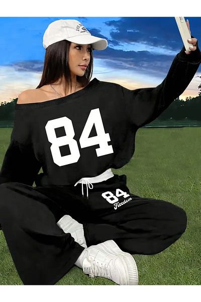 npLStore Women's 84 Printed Off Shoulder Sweatshirt Sweatpants 3 Thread Double Set