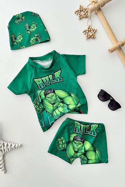 Minigimin Cicileri My Little Cicileri Hulk Printed Boy's Swimsuit and Cap Set - Green