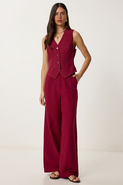 Lovelyİstanbul Linen Vest Pants Suit Cherry Lrv0106