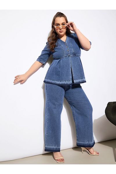 Sassafras By Styli Plus Size Solid V Neck Denim Metal Button Peplum Top and Jeans Co-Ords