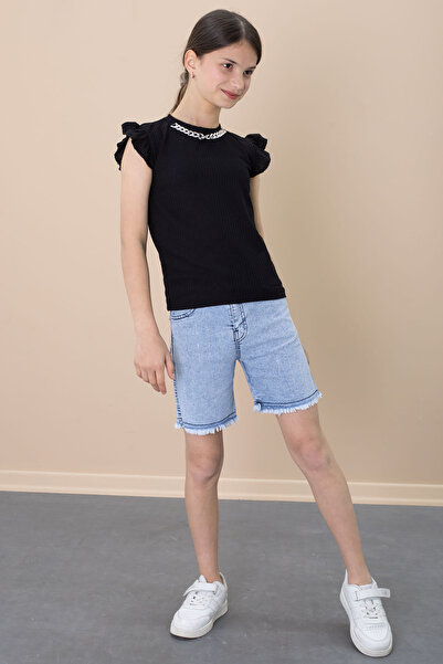 Cansın Mini Sequined Jean Shorts Black Necklace Detailed Badi Girl's 2 Piece Set 21110