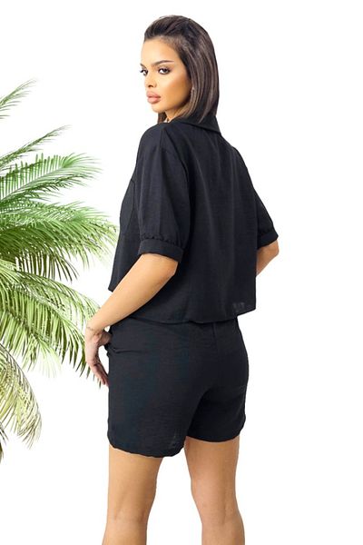 FashionForYou Set With Crepe Cotton, Keona, Shirt And Shorts With Drawstring, Black, S