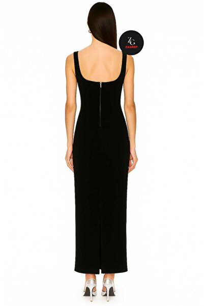Zagrep Kadın Siyah Önden Yırtmaçlı Arkadan fermuarlı İnce Askılı Midi Elbise