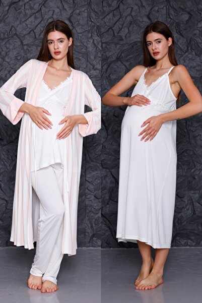 Yulem Homewear Ekru Çizgili Askılı Lohusa Hamile Gecelik-Sabahlık ve Pijama Takım 4'lü Set