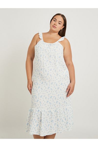 Styli Plus Size Floral Print Cotton Gauze Ruffle Trim Slip Dress