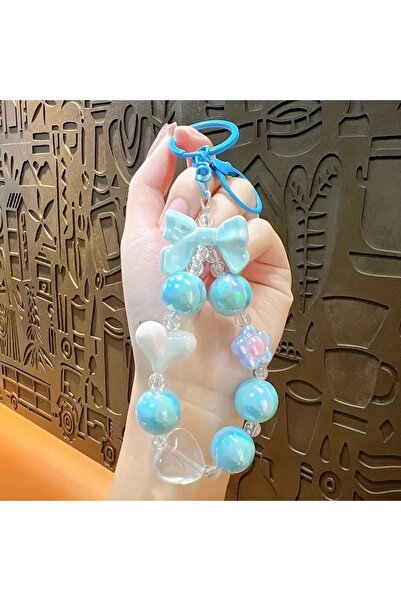 Papatya Kelebek Fiyonklu ve Kalp Desenli Mavi Renkli Boncuk Anahtarlık, Çanta...