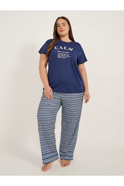 Styli Plus Size Calm Slogan Print T-Shirt and Aztec Print Pyjama Set
