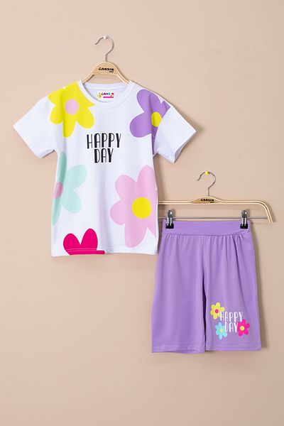 Cansın Mini Lilac Colored Flower Printed T-Shirt and Shorts Girls 2 Piece Set 21063