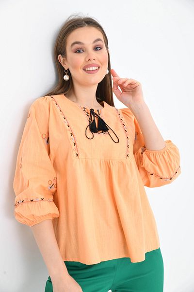 Park Karon Bluză țesută cu mâneci balon pentru femei, cu decolteu, cu detaliu de broderie autentică