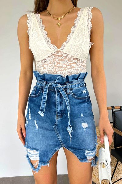 FashionForYou Fustă din denim Cute Touch, cu perforații accentuate și decupaj tip pungă de hârtie, Albastru, XS
