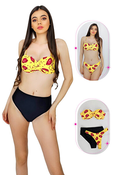 FashionForYou Costum de baie trei piese Maggie, imprimeu abstract si sutien c...
