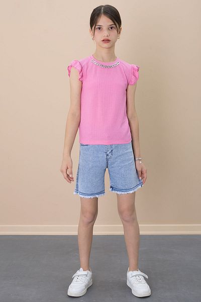 Cansın Mini Sequined Jean Shorts Pink Necklace Detailed Badi Girl's 2 Piece Set 21108