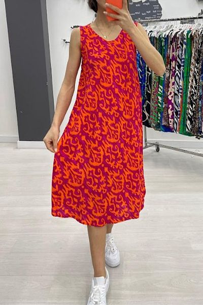 AYASOFYA OTANTIK Women's Orange Fuchsia Patterned Sleeveless Midi Dress