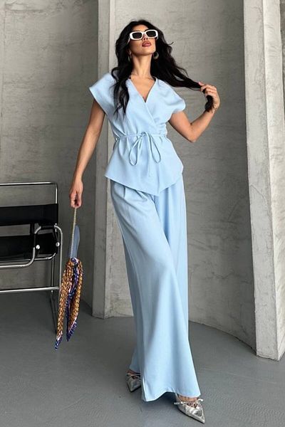 AKD Atelier Set de damă cu două piese de jos, cu șireturi, cu tăietură largi, drapată, de vară, cu mâneci scurte, kimono, pantaloni palazzo