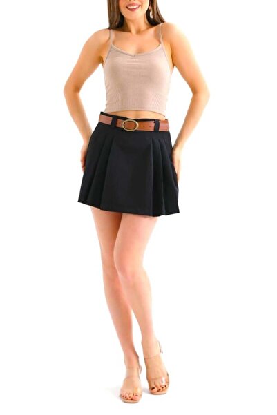 FashionForYou Fusta pantaloni Garby, cu pense simetrice si curea, Negru