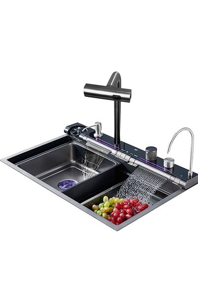 Trendy's Chiuveta multifunctionala inox, TRENDY’S, cu led, baterie apa purificata si dozator sapun lichid i