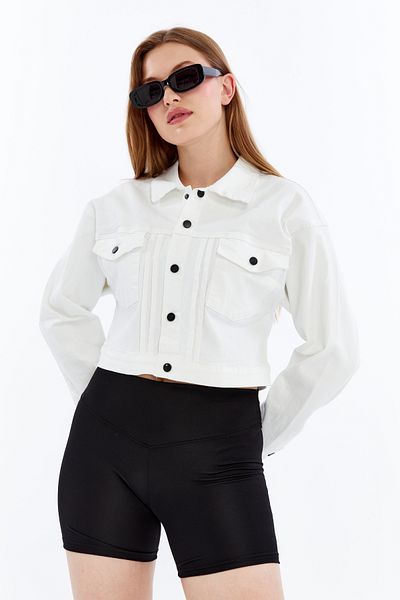CHOS7N Women's Bomber Gabardine Jacket Snap Button College Denim Jacket with Pockets Colorful Easy to Match Jacket